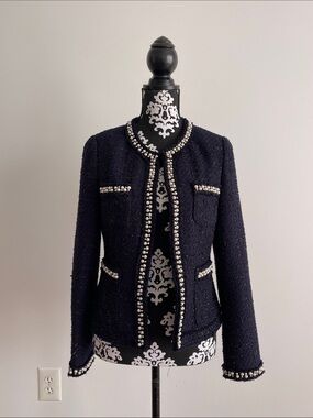 Pearl-Trim Tweed Jacket - Navy